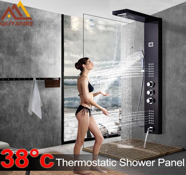 Preto termostática digital painel de chuveiro torneiras coluna chuva cachoeira chuveiro massagem spa jatos três alça misturadora banho shower7506604