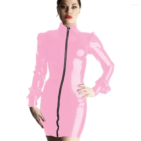 Casual Kleider Wet Look PVC Patent Leder Frauen Glänzende Laterne Hülse, Figurbetontes Kleid Sexy Rollkragen Mini Clubwear Schlanke Vestidos Party 7XL