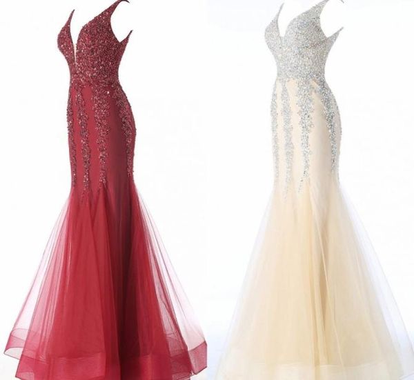 Luxo cristal sereia vinho vermelho champanhe 2022 baile de formatura vestidos de noite com decote em v tule frisado aberto volta festa pageant vestido formal longo6018026