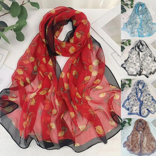 Sciarpe Sciarpa con stampa floreale di magnolia per donna Chiffon Georgette Bandana Sensazione di seta Spiaggia Protezione solare Hijab sottile Scialli lunghi Lady