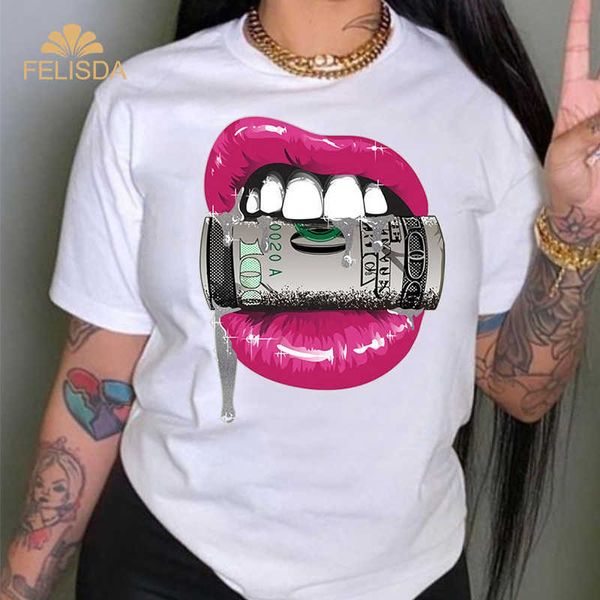 T-Shirts mit Lippen-Aufdruck für Damen, modisch, Club, sexy Lippen-T-Shirt, Kuss, lustig, Sommer, kurzärmeliges Grafik-T-Shirt für Damen