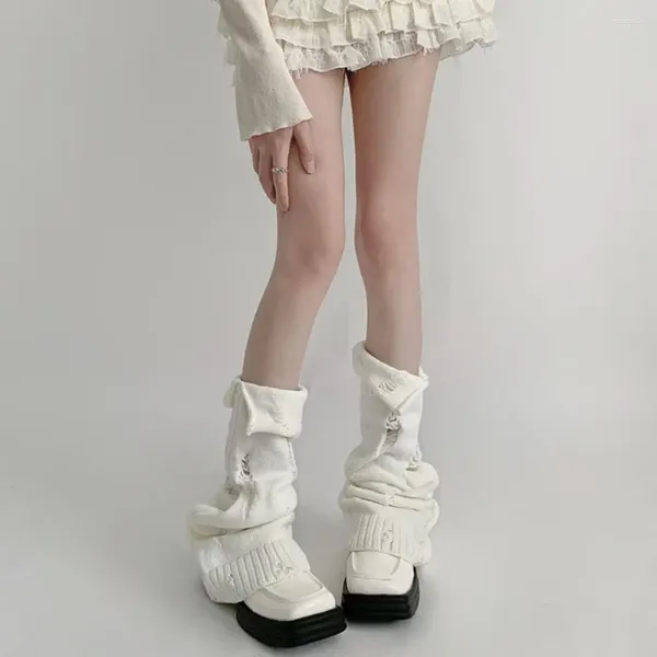 Meias femininas japonesas de malha aquecedora de pernas lolita meninas y2k aquecedores elásticos de cor sólida capa de botas