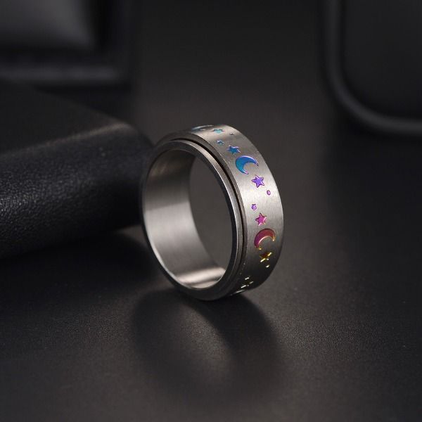 Красочные кольца со звездой и луной, вращающееся кольцо из нержавеющей стали, спиннер, декомпрессионное кольцо, снимает тревогу, 8 мм, может вращаться, женская мода, ювелирные изделия