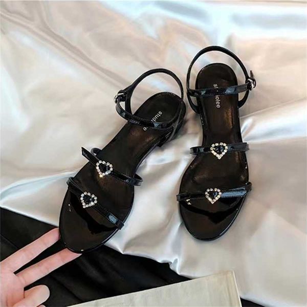 Novo sandles saltos cabeça par com amor diamante fivela plana sandálias chinelos feminino verão preto flip flops para mulher 240228
