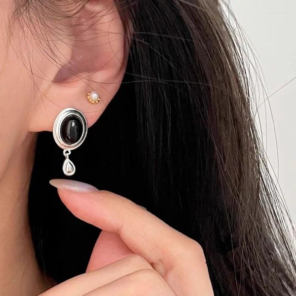 Ohrstecker 925 Sterling Silber Rund Schwarz Tropfen Punk Geometrisch Für Frauen Mädchen Geschenk Schmuck Tropfen Großhandel