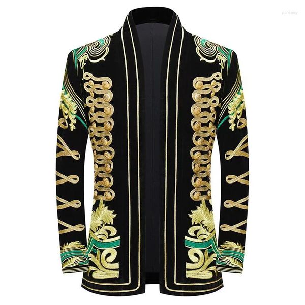 Herrenanzüge Luxus Gold Blumenstickerei Samt Blazer Jacke Schal Revers Strickjacke Smoking Blazer für Hochzeit Bräutigam Dinner Party