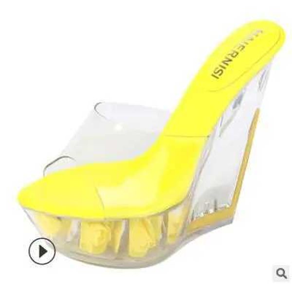 Kleidschuhe Sexy Sommermode High Heels 14 cm Sandalen Hausschuhe Maultiere Transparente Kristallplattform Wedges Jelly BeachDZWH H240321