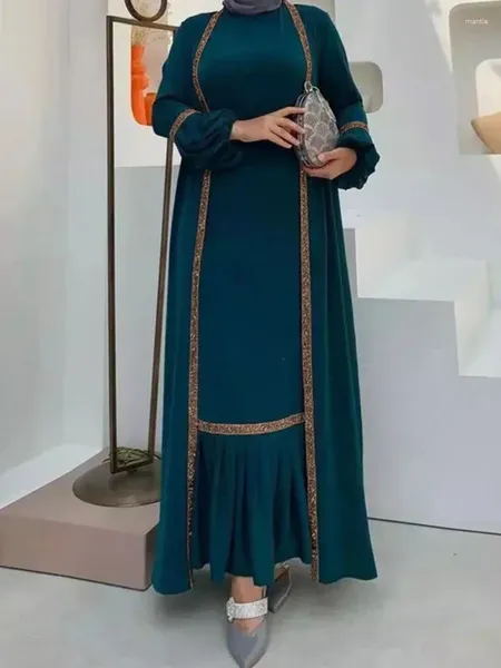 Этническая одежда Ид Мусульманское Абая Кимоно Комплект из 2 предметов Дубай Роскошный Ислам Турция Абая для женщин Вечернее платье с блестками Марокканский кафтан