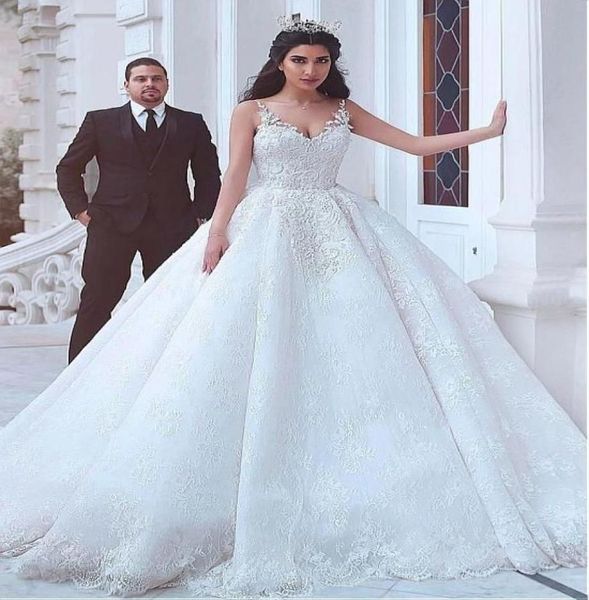 2022 Seducenti abiti da ballo arabi sauditi africani da sposa Abiti da sposa impero vita in pizzo applique in rilievo spaghetti con scollo a V aperto indietro da sposa V5978738