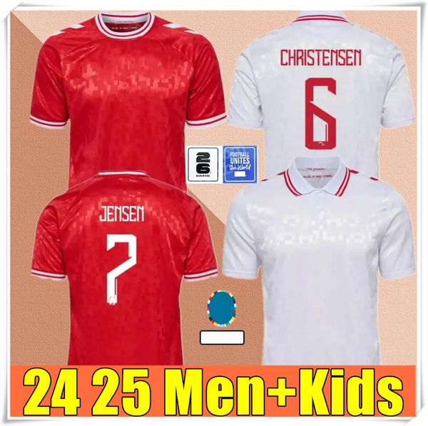 2024 Dinamarca Futebol Jersey Euro Cup Nova 2025 Seleção Nacional 24 25 Camisa de Futebol Masculino Kit Infantil Conjunto Completo Home Red Away White Men UniformJENSEN CHRISTENSEN ERIKSEN DOLBERG