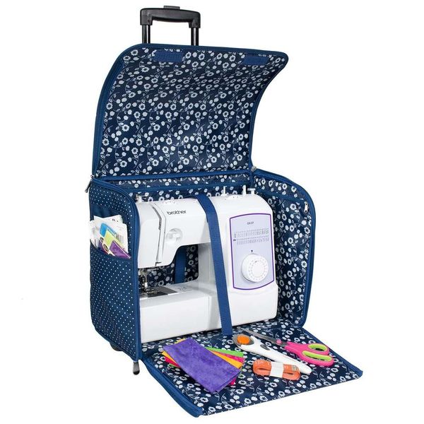 Estojo dobrável para costura Hine Everything Mary, bolsa com capa rolante Blue Dot Craft com rodas Brother, Singer Most Hines - Transporte para organização de armazenamento