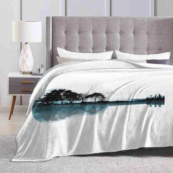 Cobertores Natureza Guitarra Venda Impressão Personalizada Flanela Cobertor Macio Árvores Silhueta Artística Paisagem Lago Oceano Pássaro