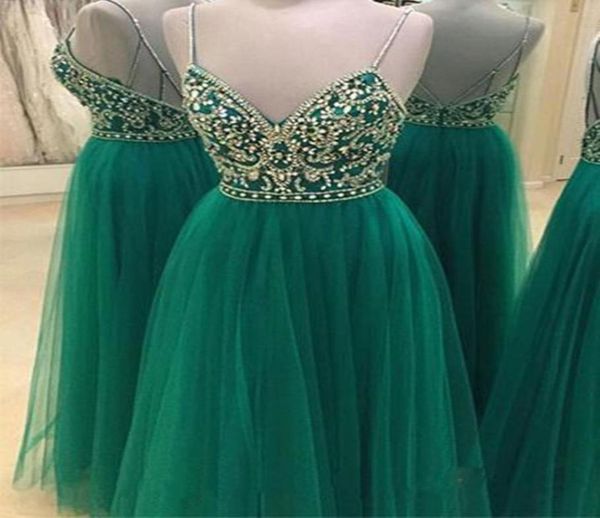 2020 Novo Verde Escuro Uma Linha Vestidos de Noite com Cristal Frisado Alças de Espaguete Vestidos de Baile Sparkly V Neck Backless Formal Evenin4235438