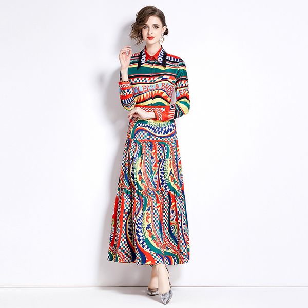 Весенне-осенние женские комплекты с юбками, модная рубашка с длинными рукавами и юбкой до щиколотки, элегантный облегающий костюм из 2 предметов