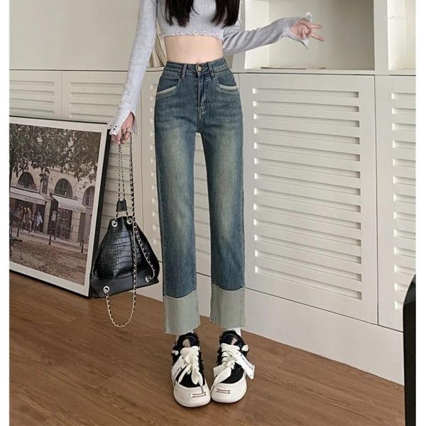 Женские джинсы, весна 2024, маленькие, с высокой талией, тонкие, свободные, узкая версия американской трубы, прямые детские