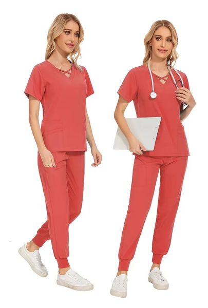 Estiramento feminino fino ajuste esfrega conjuntos uniformes médicos topos joggers vestidos acessórios de enfermeira salão spa workwear conjunto 240228