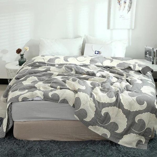 Coperte Junwell Coperta estiva in mussola di cotone per divano da letto, viaggio, traspirante, elegante, con filo di foglie di ginkgo, grande e morbida