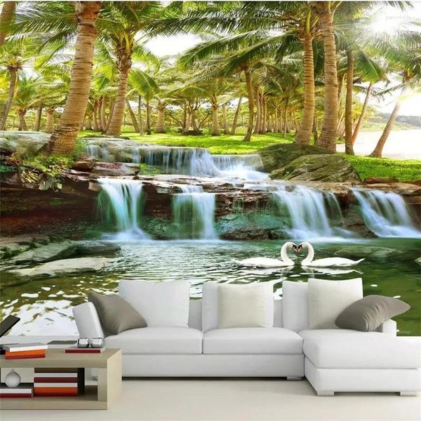 Tapeten: Hainan-Insel, Kokosnussbaum, Wald, Wasser, Wasserfall, Landschaftsmalerei, Wandgemälde, benutzerdefiniertes großes Wandbild, grüne Tapete