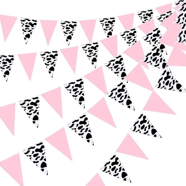 Decorazione per feste Modello di mucca bianca nera Striscioni di stendardi triangolari di carta rosa Bandiera di compleanno per decorazioni di animali per baby shower da cowboy