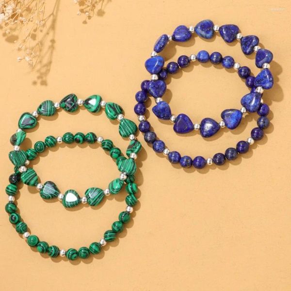 Strand 2 Pz/set Braccialetti con Perline di Pietra a Forma di Cuore Naturale 6mm Bracciale Elasticizzato con Perline Rotonde Lapislazzuli Malachite Uomo Donna