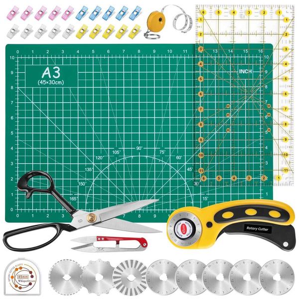 Conjunto Whisperdam - Kit amarelo incluindo cortador rotativo de 45 mm para tecido, 8 lâminas de reposição, tapete de corte A3, tesoura de costura de 9 polegadas, régua, clipes e fita