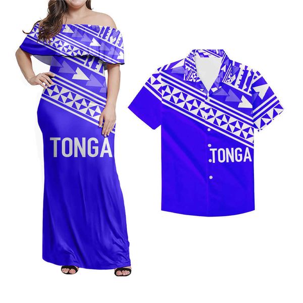 Conjunto de 2 peças com estampa tribal tonganesa, azul e branco da polinésia, 5xl, mulheres, babados, um ombro, vestidos maxi, camisas masculinas combinando