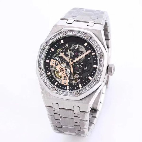 Relógio masculino novo automático mecânico topo de luxo marca diamante esqueleto completo pulseira aço inoxidável moda octogonal dial parafusos hexagonais montre de luxe audemar