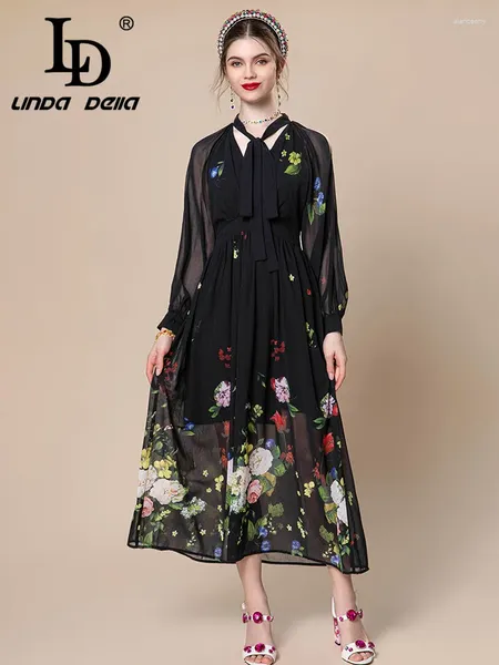 Abiti casual LD LINDA DELLA 2024 Abito moda di lusso italiano Fiocco nero da donna Trasparente Vita alta Stampa Chiffon drappeggiato da viaggio