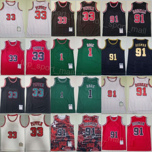 Maglie da basket vintage da uomo Scottie Pippen 33 Ritorno al passato Dennis Rodman 91 Derrick Rose 1 Michael 23 Maglia Team Rosso blu Bianco Nero Verde Colore Retro Stripe