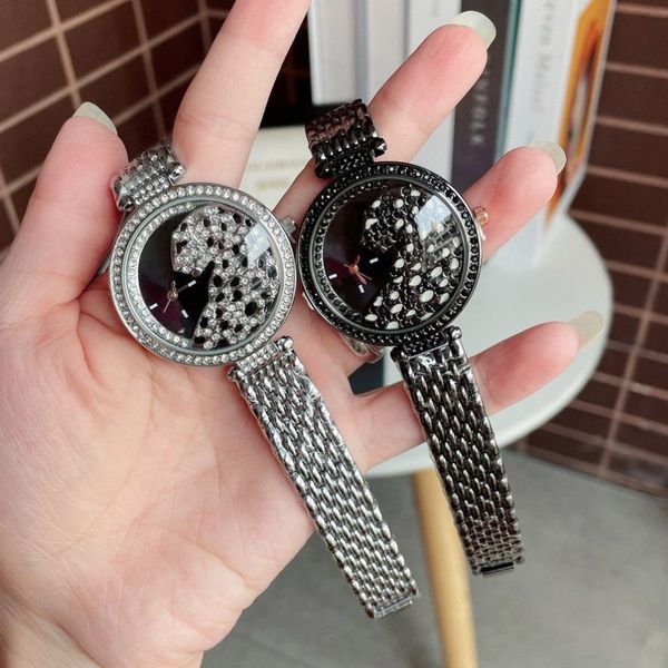 Marca de moda relógios feminino menina colorido cristal leopardo estilo aço banda metal bonito relógio de pulso c63308s