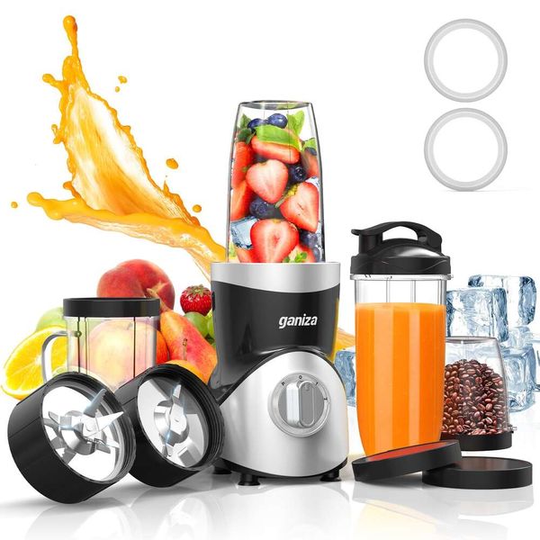 Ganiza Smoothie-Mixer, für Shakes-Smoothies, 15-teilige Kombination aus Personal und Mühle, 2 Geschwindigkeitsregler, Smoothies-Maker mit 4 Bpa-freien tragbaren Mixerbechern, MAX