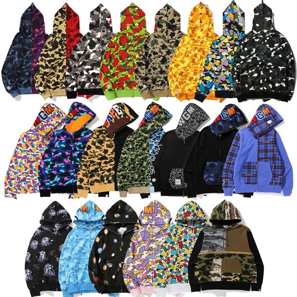 Homens Designer Hoodie Zip Up Shark Jaquetas Mulheres Mangas Compridas Com Capuz Bapes Casual Com Capuz Solto Camuflagem Moletons Streetwear Casacos Tech Fleece Cardigan Tops M-3XL