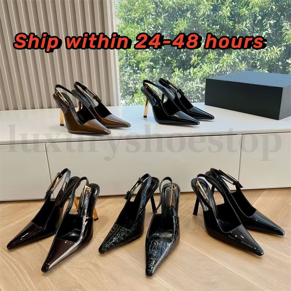 Kadınlar Hhigh Topuklu Yeni Ayna Deri Slingback Sandal Square Stiletto Topuklu Topuk Toka Kadınlar Lüks Tasarımcı Yaz Seksi Ayakkabı Kızı Mo Lafer Akşam Yüksek Topuk 7-9cm