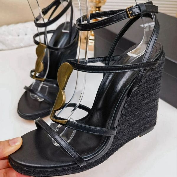 Designer High Heels Keil Offene spitze Sandalen Echtes Leder 14 cm Sexy Klassiker Y Brief Metall Schnalle Sommer Frau Sandale größe US4-11