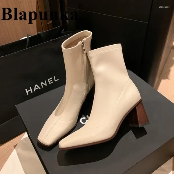 Botas Blapunka Mulheres Stretch Tecido Tornozelo Bege Square Toe Zipper Curto Outono Mulher Elegante Grosso Sapatos de Salto Alto Preto