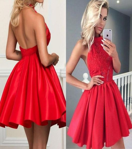 Apliques vermelhos de cetim vestidos de baile 2019 sexy halter pescoço formal vestidos de festa curto vestidos de baile sem costas 8ª série meninas cockta9671795