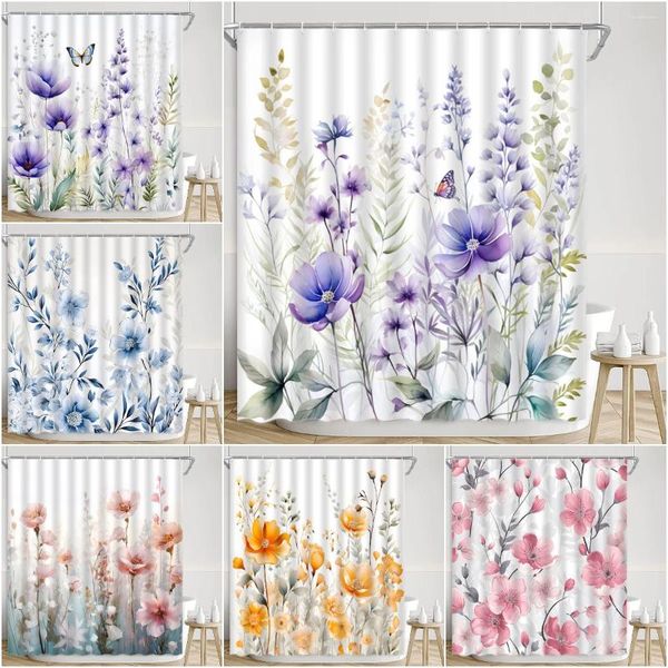 Chuveiro cortinas primavera flor cortina aquarela flores silvestres borboleta fazenda folha botânica moderna poliéster decoração do banheiro conjunto