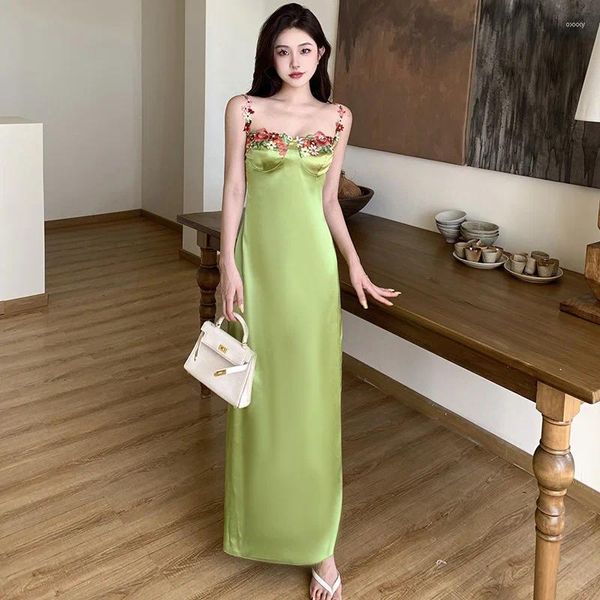Günlük elbiseler bayanlar işlemeli çiçek askı tüpü üst yüksek bel yeşil elbise ev güzel seksi