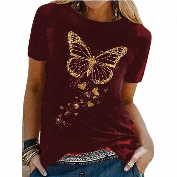 Camiseta feminina com estampa de borboleta dourada, manga curta, gola redonda, solta, camiseta feminina, tops, roupas, camisetas femininas