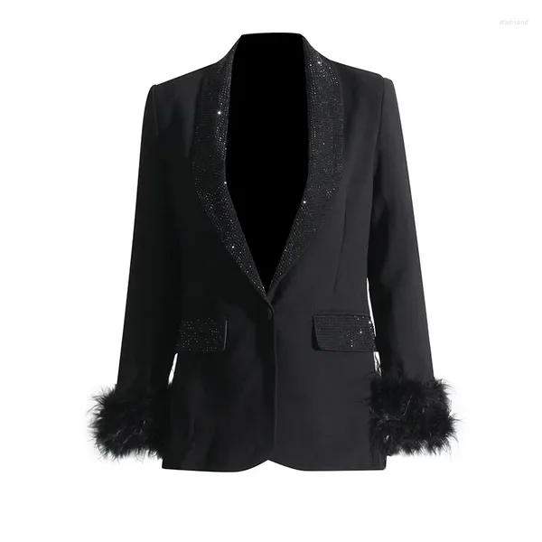 Ternos femininos superaen 2024 outono moda terno casaco estilo coreano emendado avestruz cabelo diamante blazers para mulher