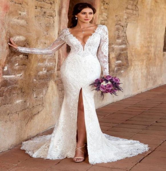 Abiti da sposa a sirena a maniche lunghe modeste in pizzo arabo con scollo a V applicati Sweep Train Abiti da sposa Split Kitty Chen Abiti formali5611312