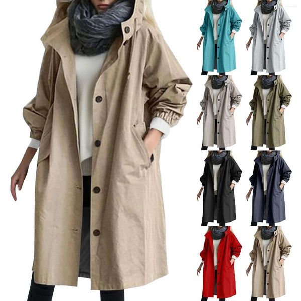 Jaquetas femininas moda feminina trench coat primavera outono casual com capuz médio longo casaco solto à prova de vento coreano na moda tamanho grande