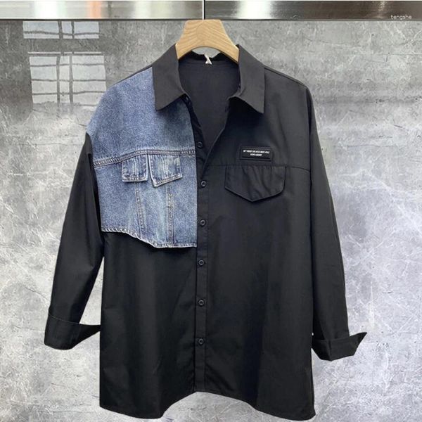 Camisas casuais masculinas camisa de manga comprida primavera denim retalhos cor contraste design social club outfits moda masculina tops