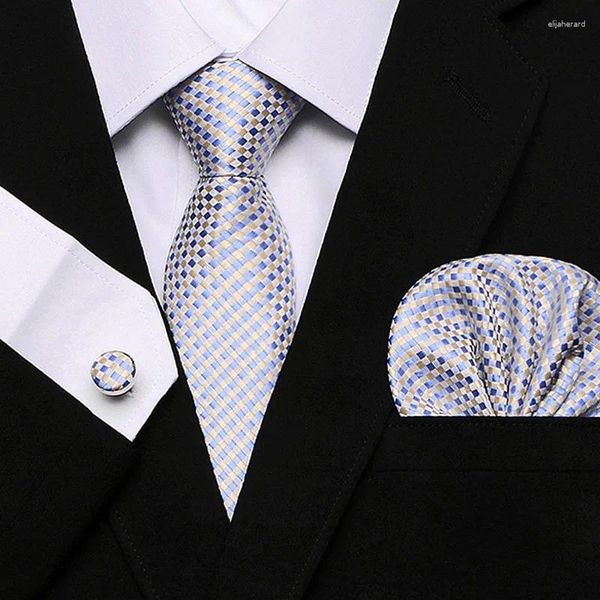 Papillon Set di cravatte di alta classe Oro Blu Design innovativo Fazzoletto da sposa in seta da uomo Gemelli Spilla con fibbia di diamanti Regalo