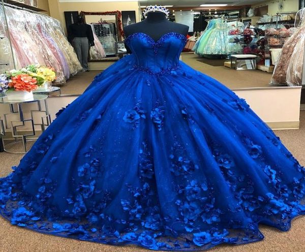 2022 Royal Blue 3D Floral Flores Vestido de Baile Quinceanera Vestidos de Baile Pérolas Querida Princesa Noite Vestidos Formais Doce 16 Vest8910866