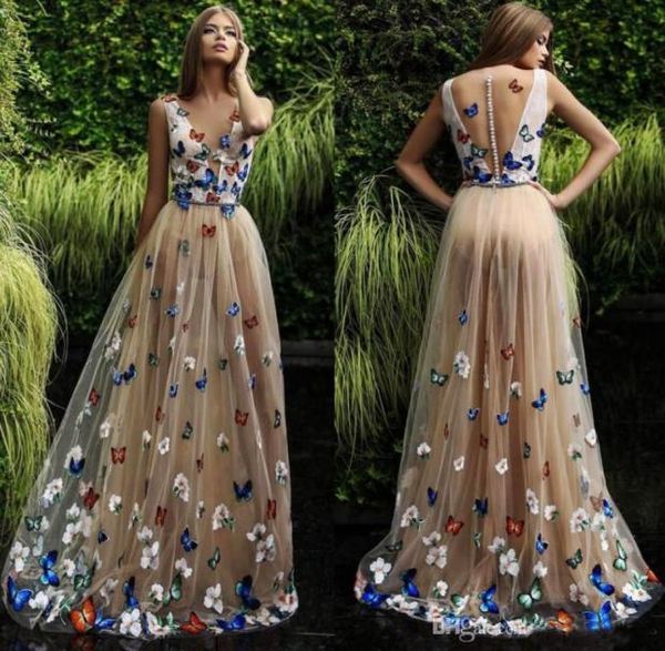 Borboleta e flor vestidos de baile 2019 sheer pescoço sem mangas longos vestidos de noite voltar coberto botões árabe formal vestido de festa cus8017832