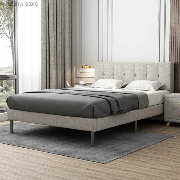 Altre forniture per la biancheria da letto Telaio letto con piattaforma decorativa in legno Queen Grigio chiaro Nessuna molla richiesta Facile da montare Y240320