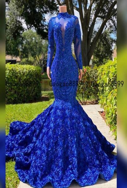 2020 Royal Blue Real Mermaid Prom Vestidos Sparkly Lace Lantejoulas Alta Neck 3D Flower Lace Africano Barato Mangas Compridas Noite Formal P7626678