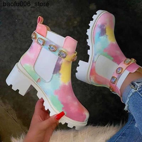 Sıradan ayakkabılar yeni kadın moda ayak bileği botları kristal rhinestone slip-on pu deri kadın botlar kalın taban blok topuk botları q240320
