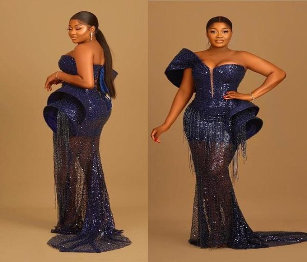 2022 Plus Size Árabe Aso Ebi Azul Marinho Sereia Vestidos de Baile Elegante Lantejoulas Renda Noite Festa Formal Segunda Recepção Aniversário 9745018